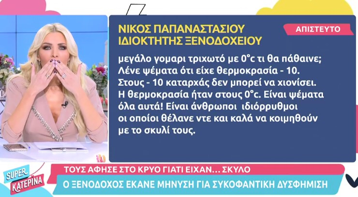 Καταγγελία – σοκ: Ξενοδόχος δεν άφησε ζευγάρι να μείνει στο ξενοδοχείο του εν μέσω κακοκαιρίας, εξαιτίας του κατοικιδίου του – Εκνευρισμένη η Κατερίνα Καινούργιου