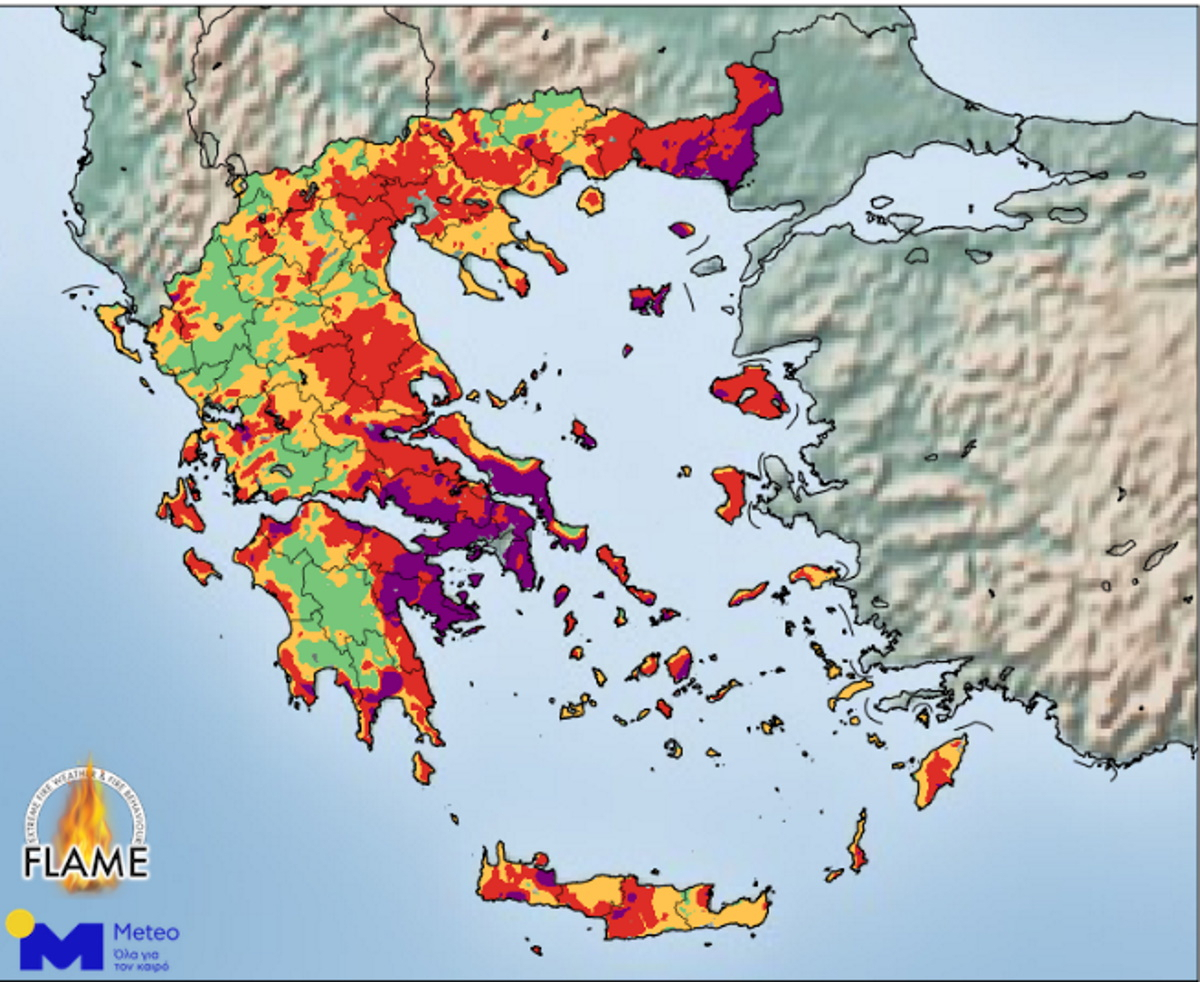 Φωτιά: Στα «κόκκινα» η Ελλάδα λόγω των υψηλών θερμοκρασιών – Πού υπάρχει επικινδυνότητα για πυρκαγιά;